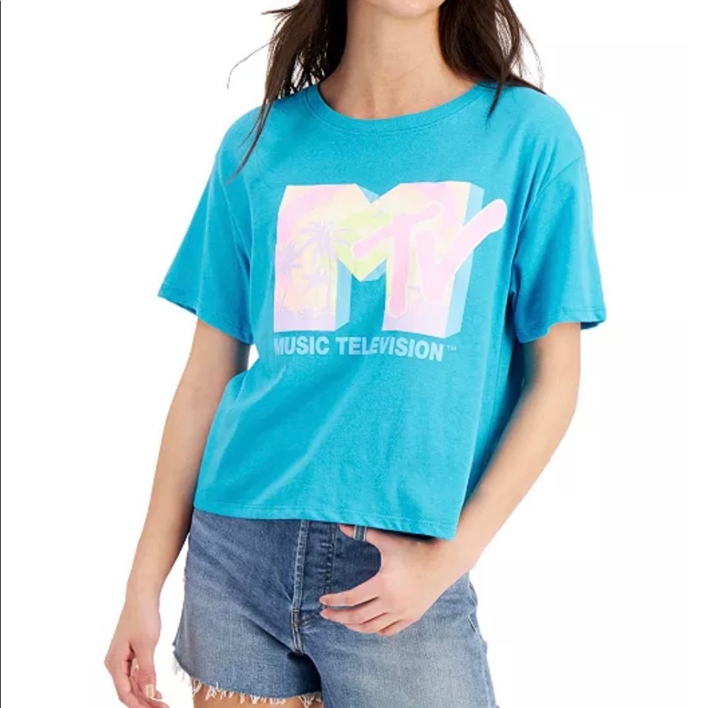 MTV love tribe logo shirt crop top scuba blue S